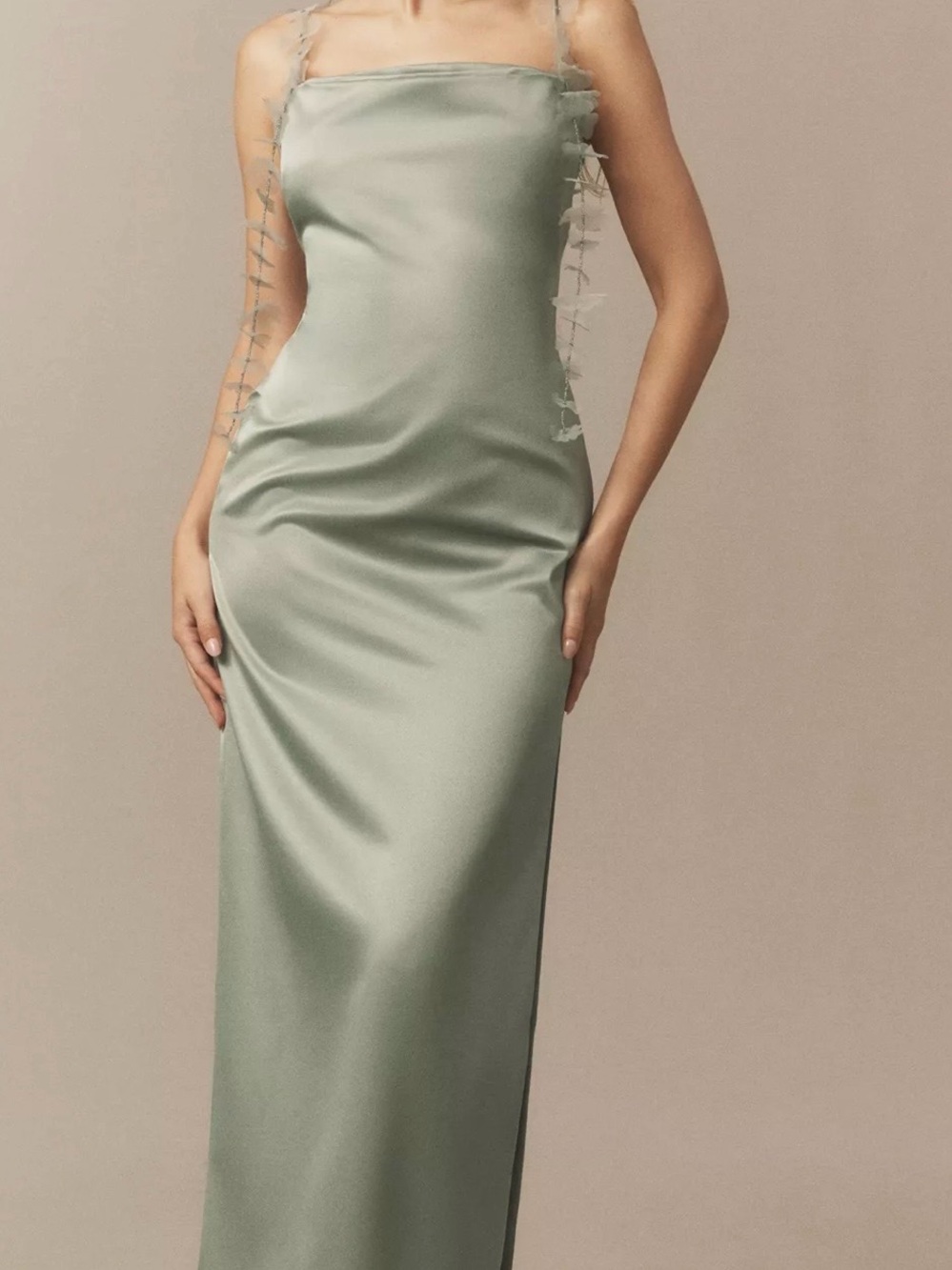 BHLDN Arabella tendril sleeve satin maxi dress sz S